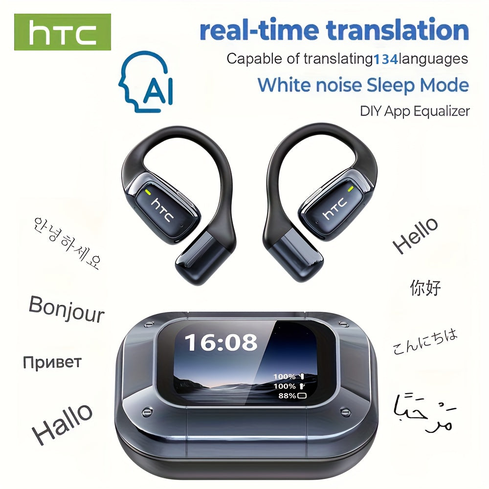 HTC NE25 Wireless Open-ear Headphones, Wireless V6.0, Low Call Latency, Equipped with Real-time 134-language AI Translation - HD LCD Display, 60 Hours of Battery Life