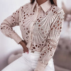 Hollow-Out Lace Button-Down Commuter Shirt