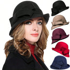 French-Style Elegant Retro Woolen Bowler Hat Curling Bow