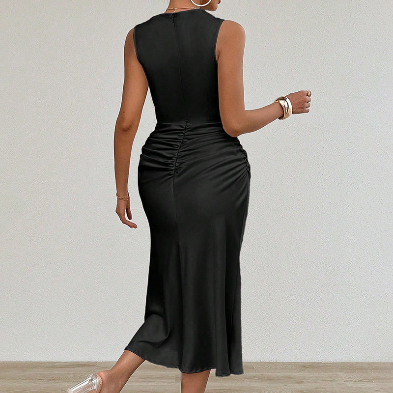 Ruched Satin-Finish Midi Dress