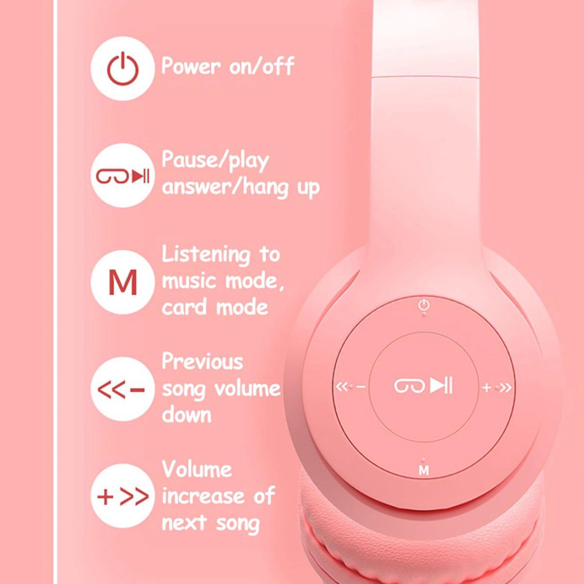 Ear Kids Headphones | Wireless 5.0 Wireless Foldable Over-Ear Headphones with Mic Light, Compatible with Smartphone, Pad, Laptop, Purple