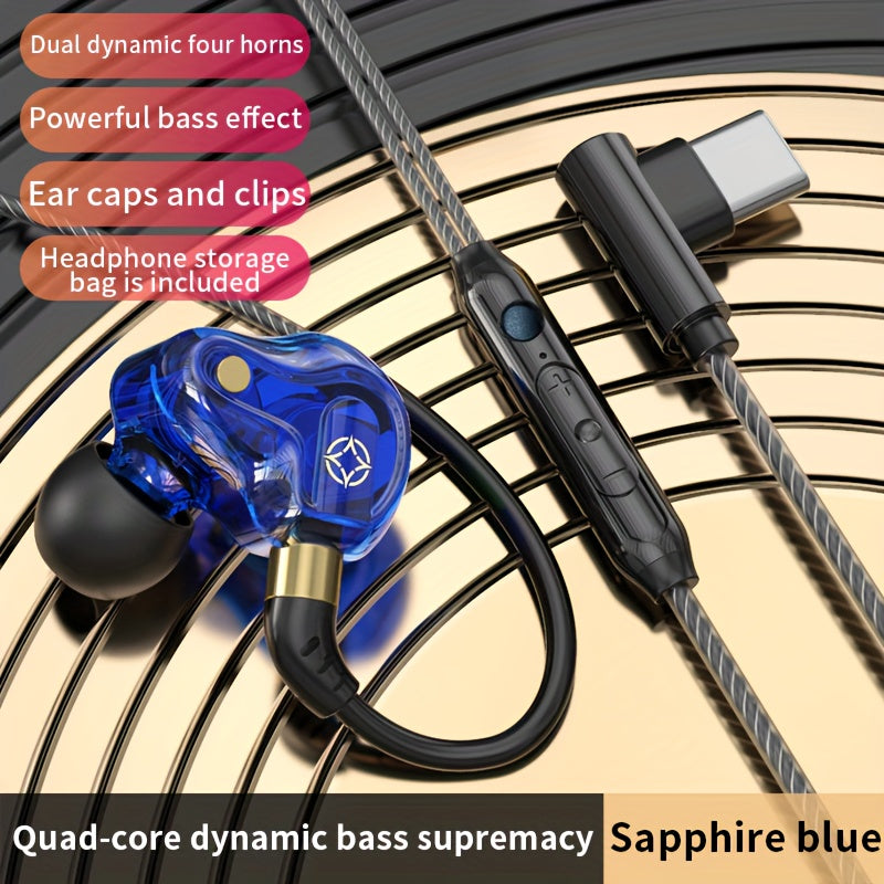 Hot Selling New Quad-core Double Acting Ring L-plug Earphone HIFI Heavy Subwoofer Phone Cable Length 1.5m/59.055inch Cable Anchor Earphone 3.5mm/0.14inch Plug TYPE-C Plug and Storage Box