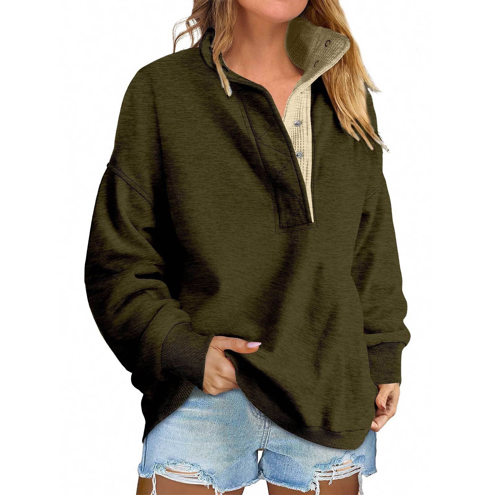 Floral Accent Buttoned Stand-Collar Pullover