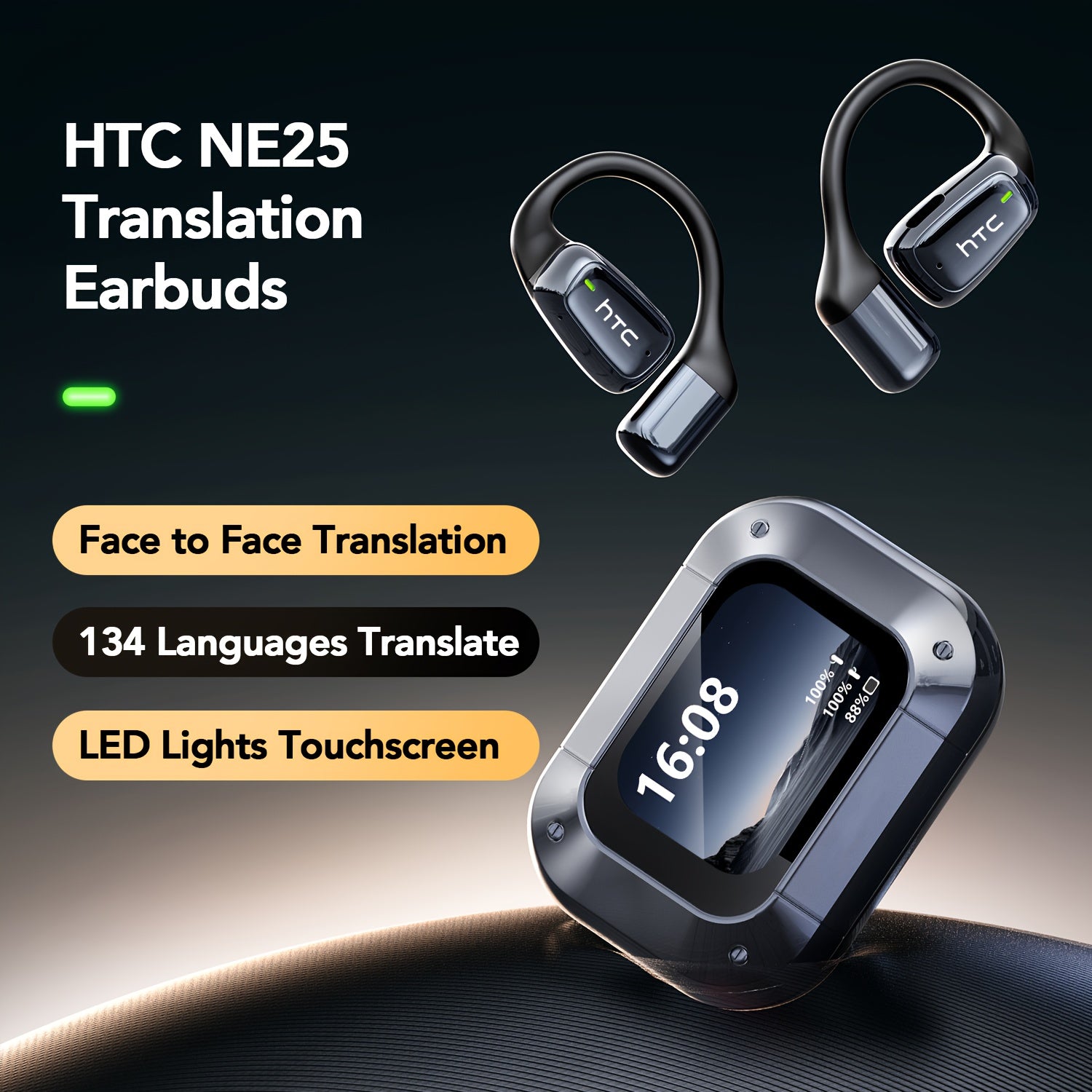 HTC NE25 Wireless Open-ear Headphones, Wireless V6.0, Low Call Latency, Equipped with Real-time 134-language AI Translation - HD LCD Display, 60 Hours of Battery Life