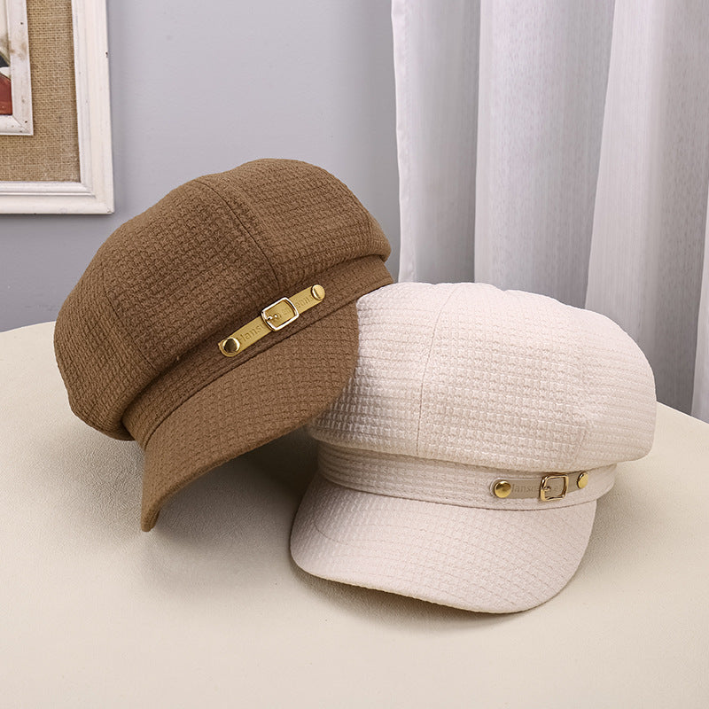 Pleated Octagonal Newsboy Hat with Gold Accent Buckle