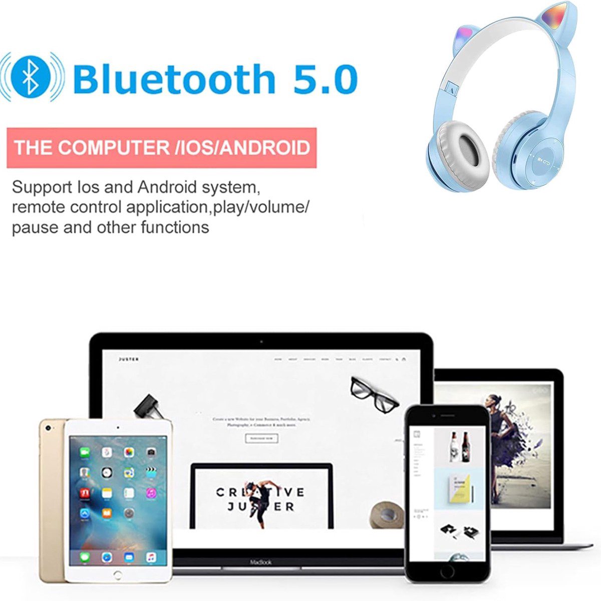 Ear Kids Headphones | Wireless 5.0 Wireless Foldable Over-Ear Headphones with Mic Light, Compatible with Smartphone, Pad, Laptop, Purple