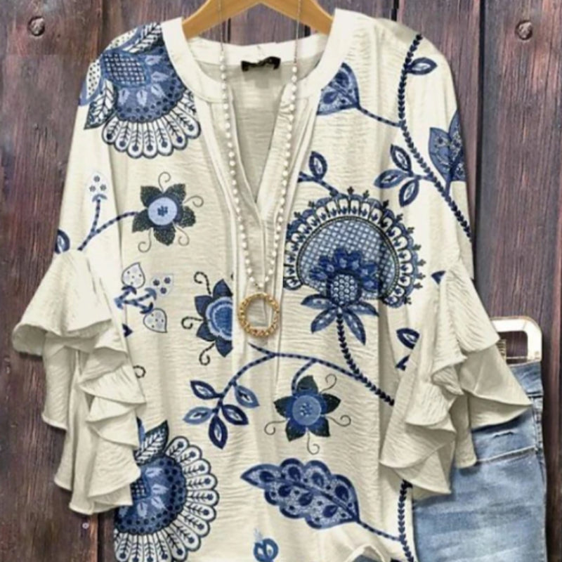 Women's Beige Floral Print Ruffle Sleeve Tops