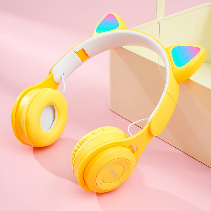 Cat's Ears (Steamed Cat-ear Shaped Bread) Headset Gradient LED Light Cat's Ear Retractable Cute Gift Wireless Headset. Valentines'Gift, Gift for Him.
