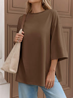 Oversized Side-Slit T-Shirt with 3/4 Sleeves