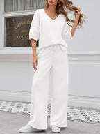 V-Neck Lounge Set with Wide-Leg Trousers