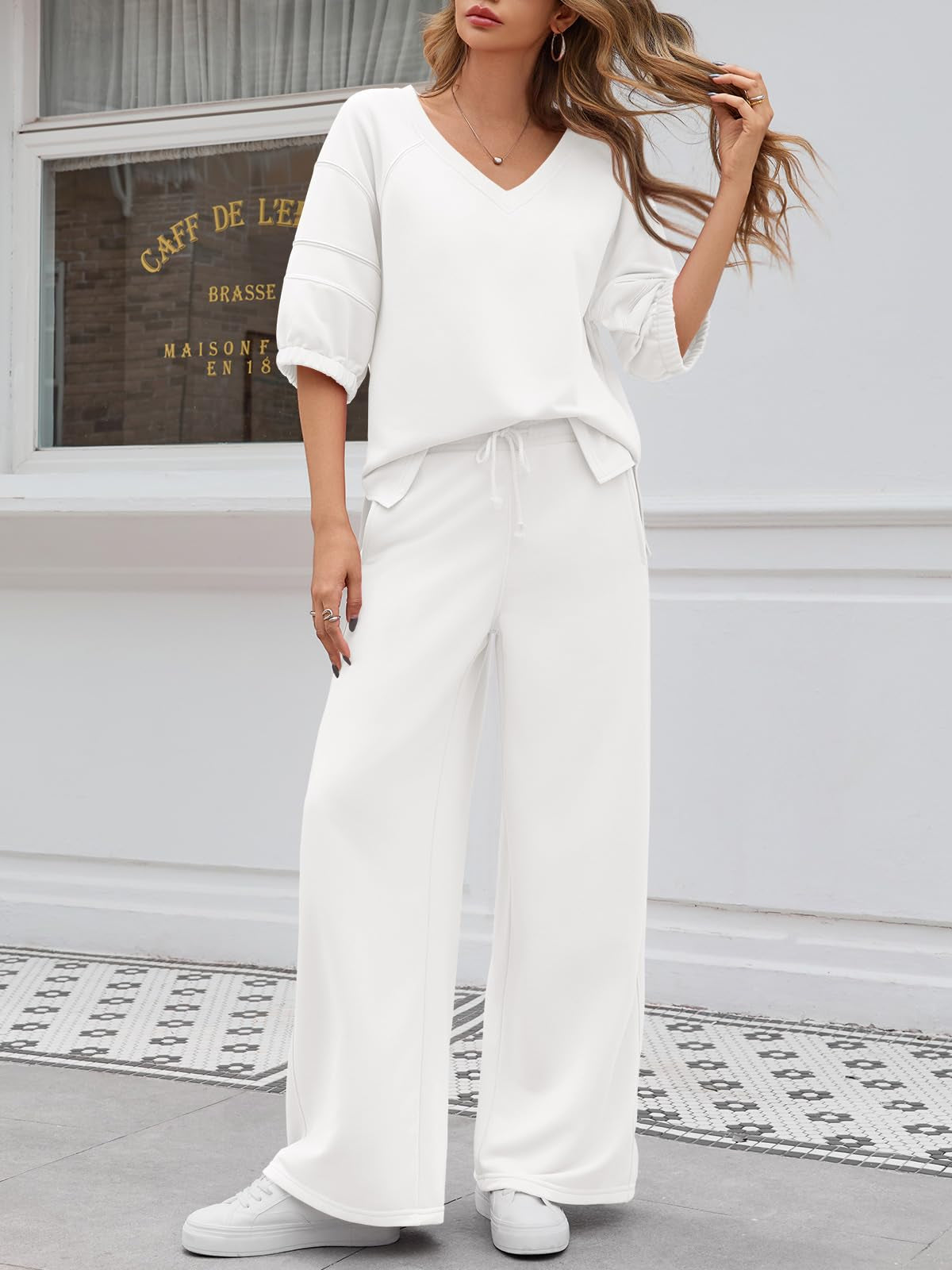 V-Neck Lounge Set with Wide-Leg Trousers