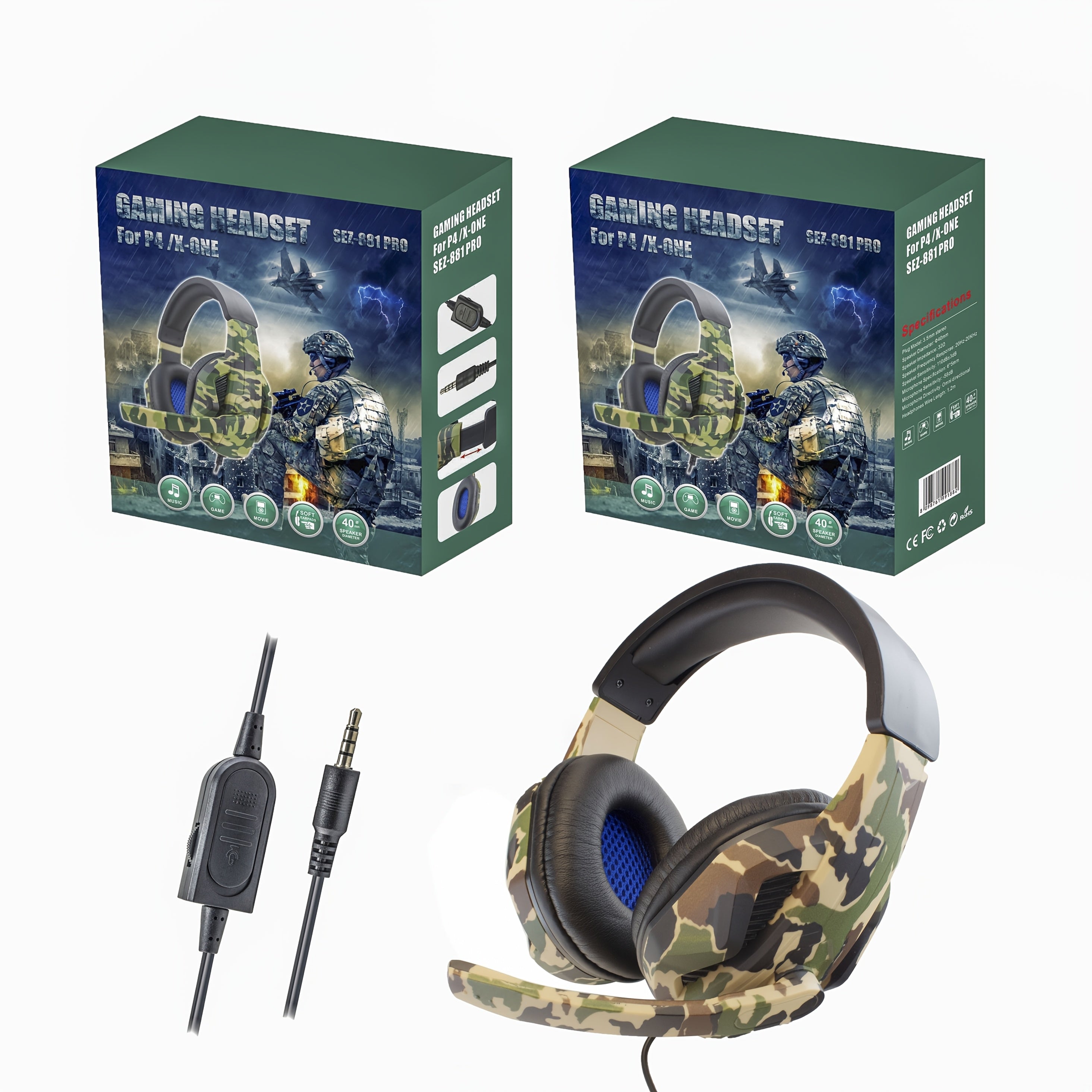 CAMOUFLAGE GAMINGBIG HEADPHONES, HEADSET MICROPHONE, FOR PS4, PS5pcs, XBOX, ONE SWITCH, MOBILE GAMES, OFFICE AND STUDY, ERGONOMIC DESIGN, COMFORTABLE TO WEAR