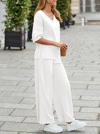 V-Neck Lounge Set with Wide-Leg Trousers