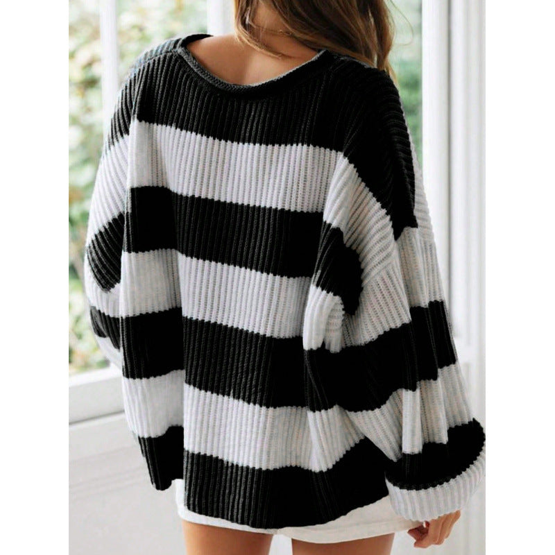 Oversized Batwing Sleeve Striped Knit Sweater