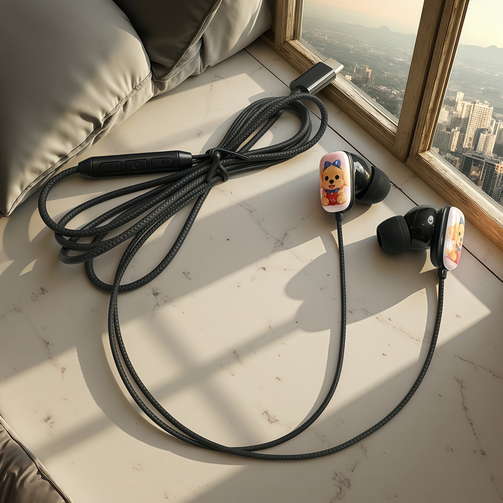 Cartoon Cute Dog 4 Colors to Choose from Wired Headphones,flat Printing Fun In-ear Call Headphones, Music Headphones, Student Headphones,cartoon Headset, HD Microphone and Volume Adjustment, Stereo Clear Sound Quality, Type C