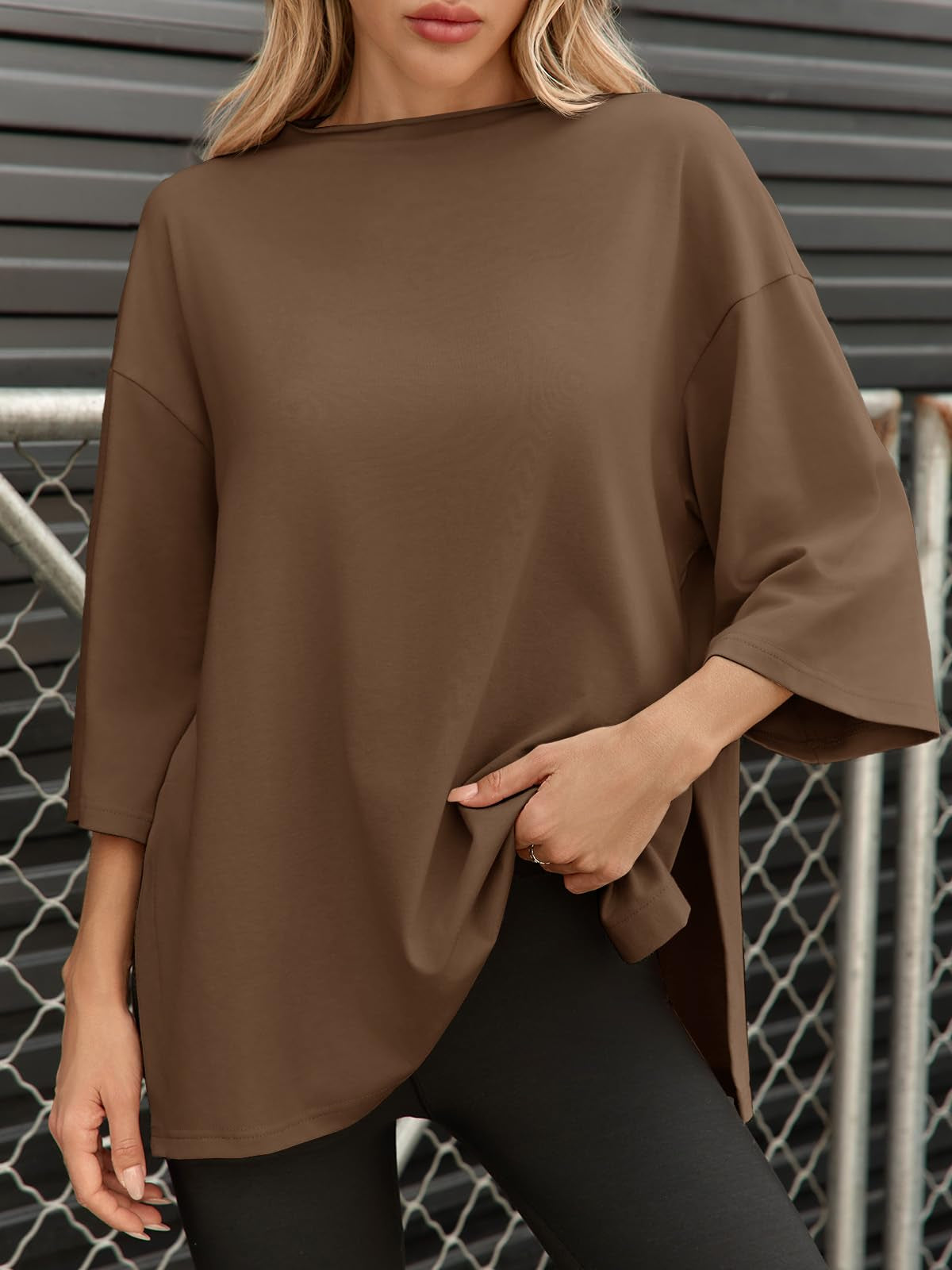 Oversized Side-Slit T-Shirt with 3/4 Sleeves