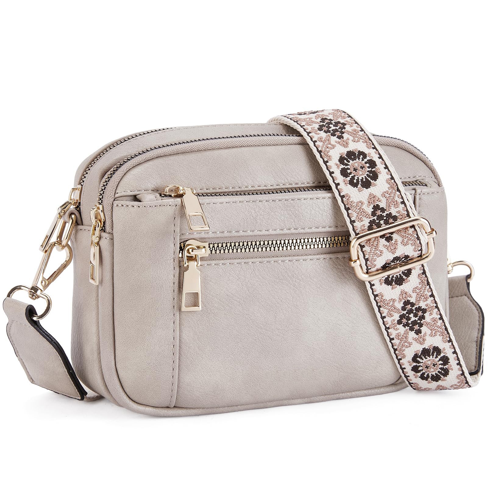 Triple-Zipper Colorblock Crossbody Bag with Floral Embroidered Strap