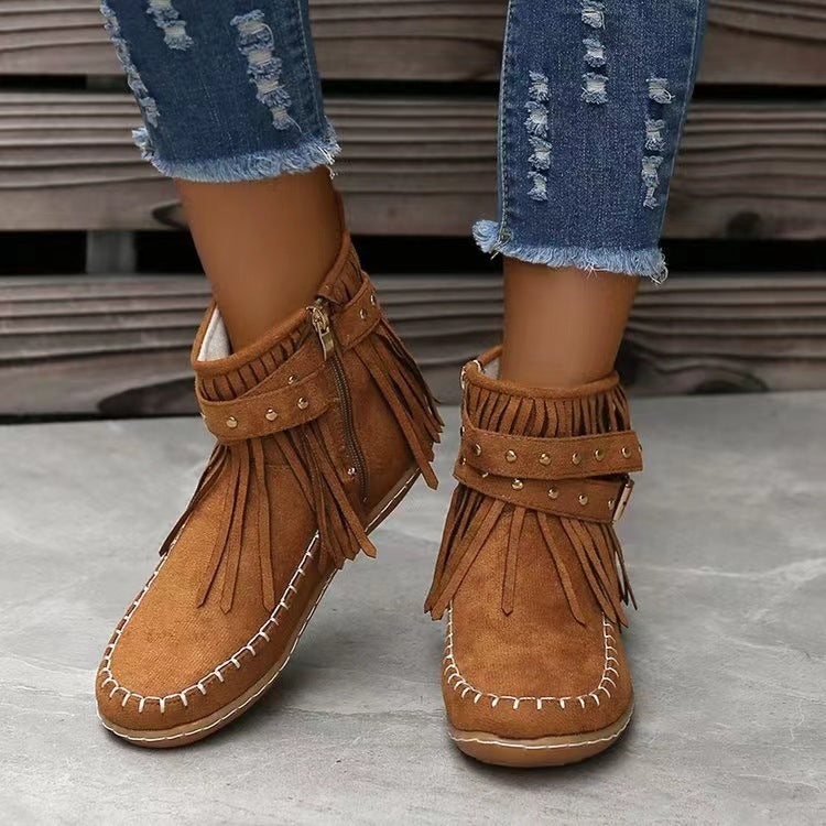 Retro Ankle Boots with Rivet Tassel Side Zipper Flat Shoes
