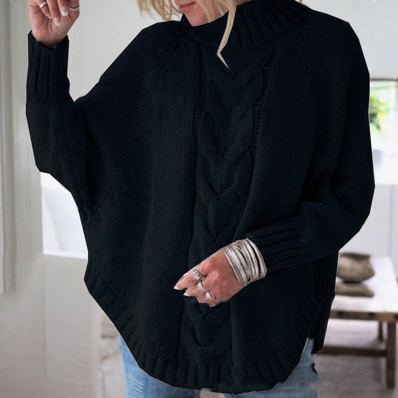 High-Collar Cable Knit Batwing Sweater