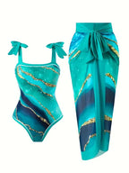 Ocean Marble Swimsuit & Sarong Set