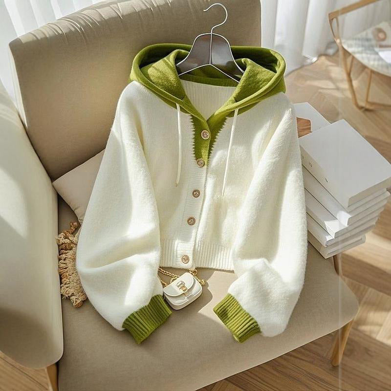 Two-Tone Hooded Knit Cardigan Sweater