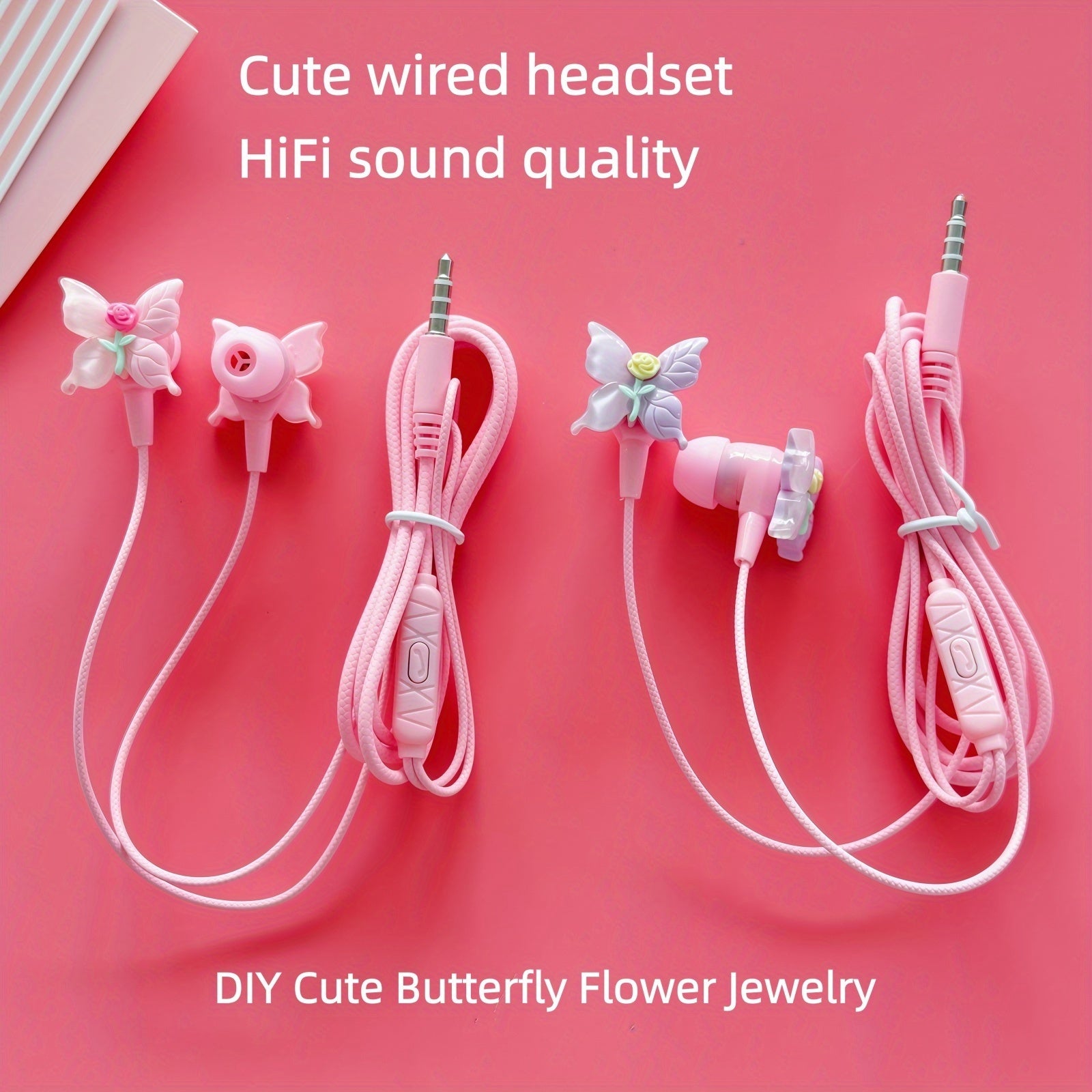 New pink wired headphones equipped with DIY cute butterfly flower accessories, in-ear fashion fun headset, button microphone high-definition sound quality noise-canceling headphones, plug and play without charging,comfortable