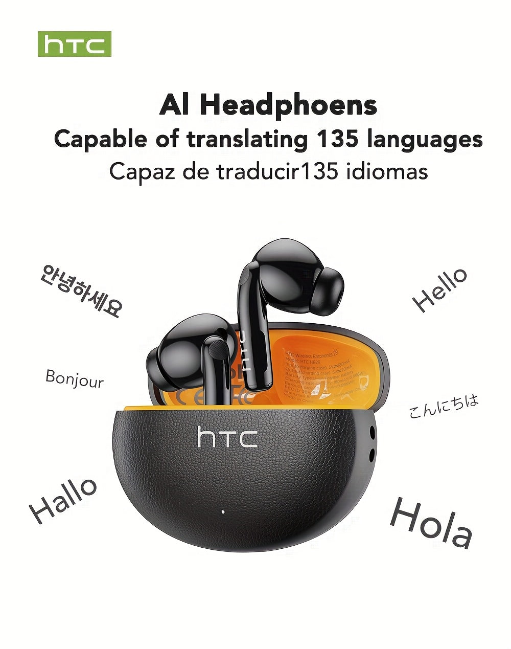 1pc HTC NE29 AI Translation Earbuds | 134 Language Translation, Wireless V6.0, Noise Cancellation, 6.5 Hours Music Playtime, Large Speaker for High Volume, Wireless, Hands-Free Calls