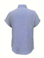 Oversized Short Sleeve Striped Button-Up Blous