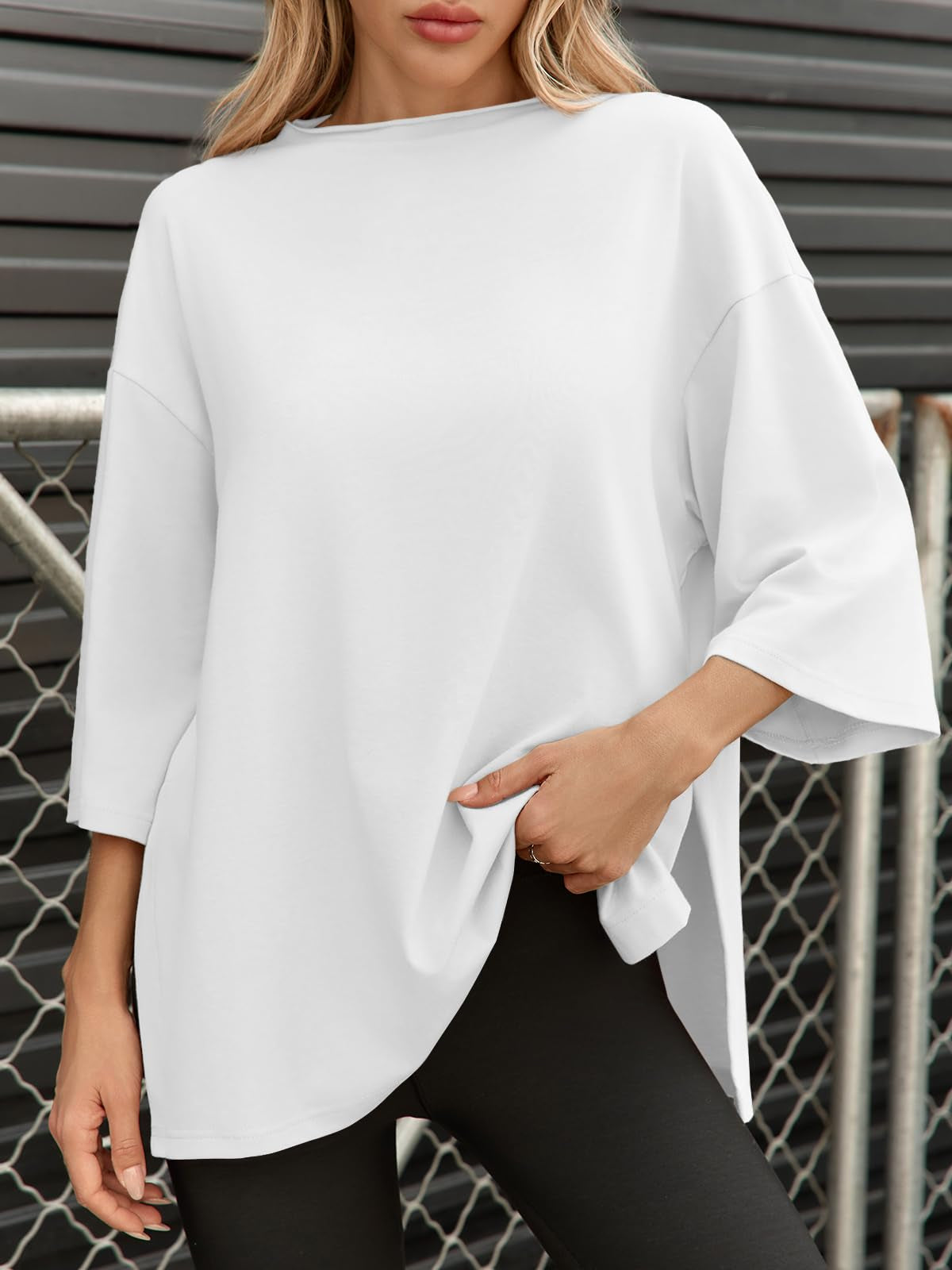 Oversized Side-Slit T-Shirt with 3/4 Sleeves