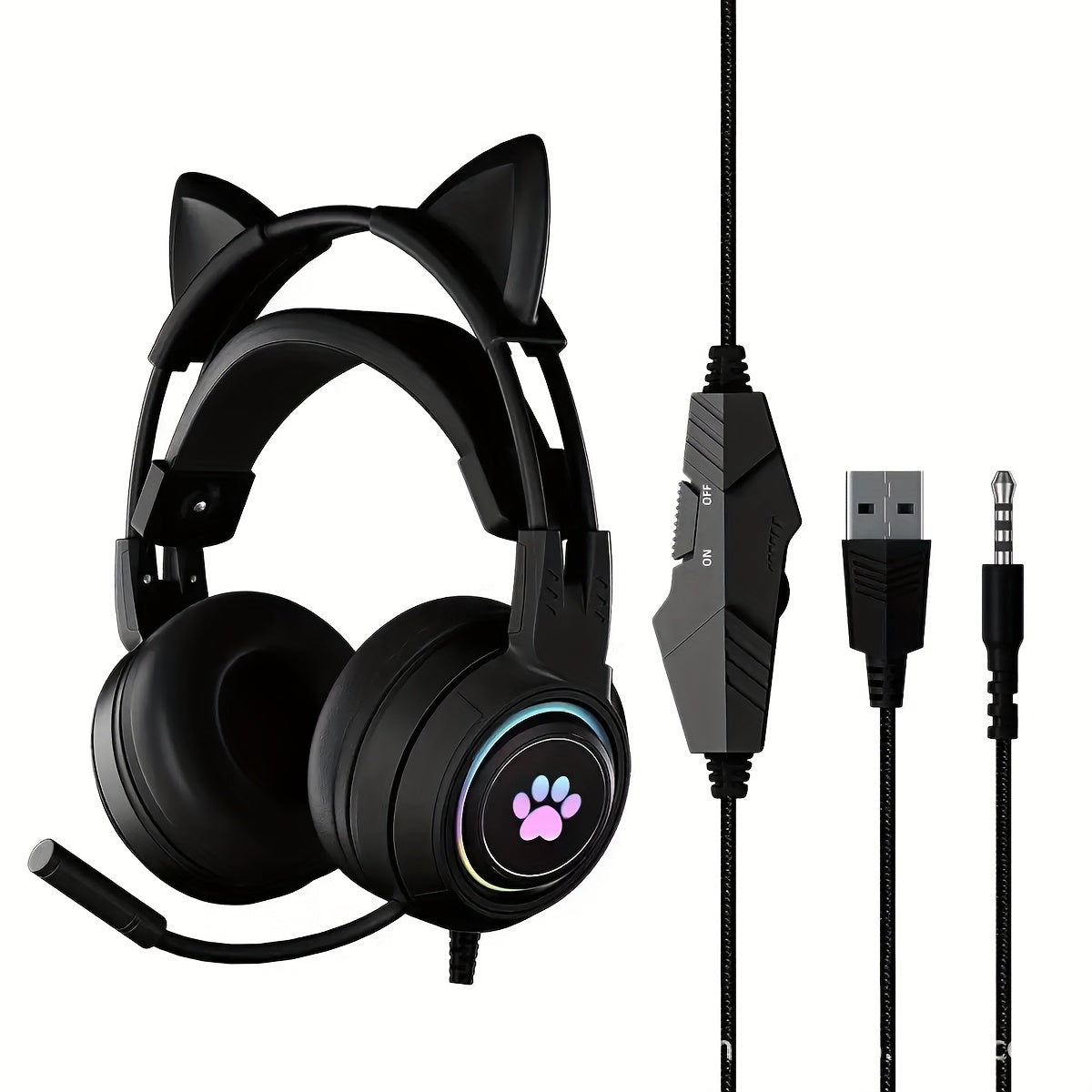Gaming Headphones with Cat Ears And RGB Lighting - 3.5Mm Wired Over-Ear Headphones Featuring an Omnidirectional Microphone, Noise Cancellation, Volume Control, Compatible with PS4, PS5, Xbox, PC, Switch - Anime Animal Theme,