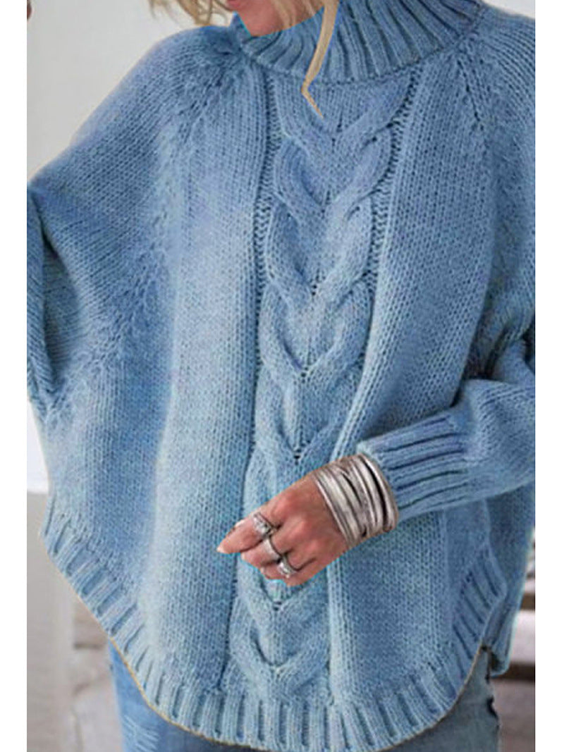 High-Collar Cable Knit Batwing Sweater