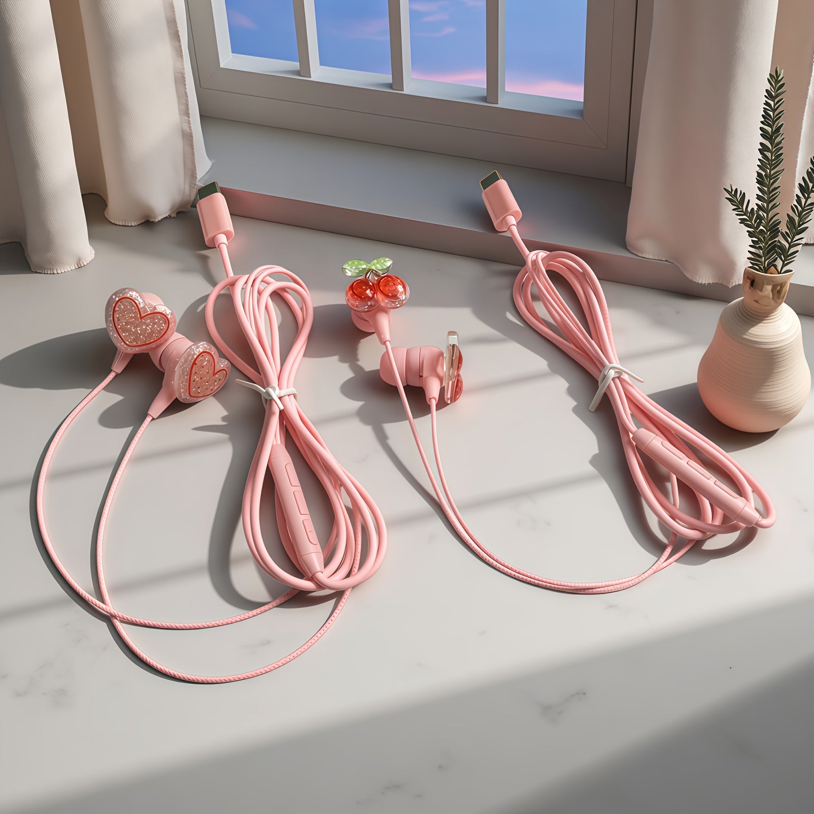 Cute Shiny Cherry & Love Design Cartoon Wired Headset,Equipped with DIY Cherry & Love Accessories,Lightweight Design, Comfortable, Durable Cable,HD Sound Quality Music Headset Built-in Microphone,Song Adjustment & Volume Cont