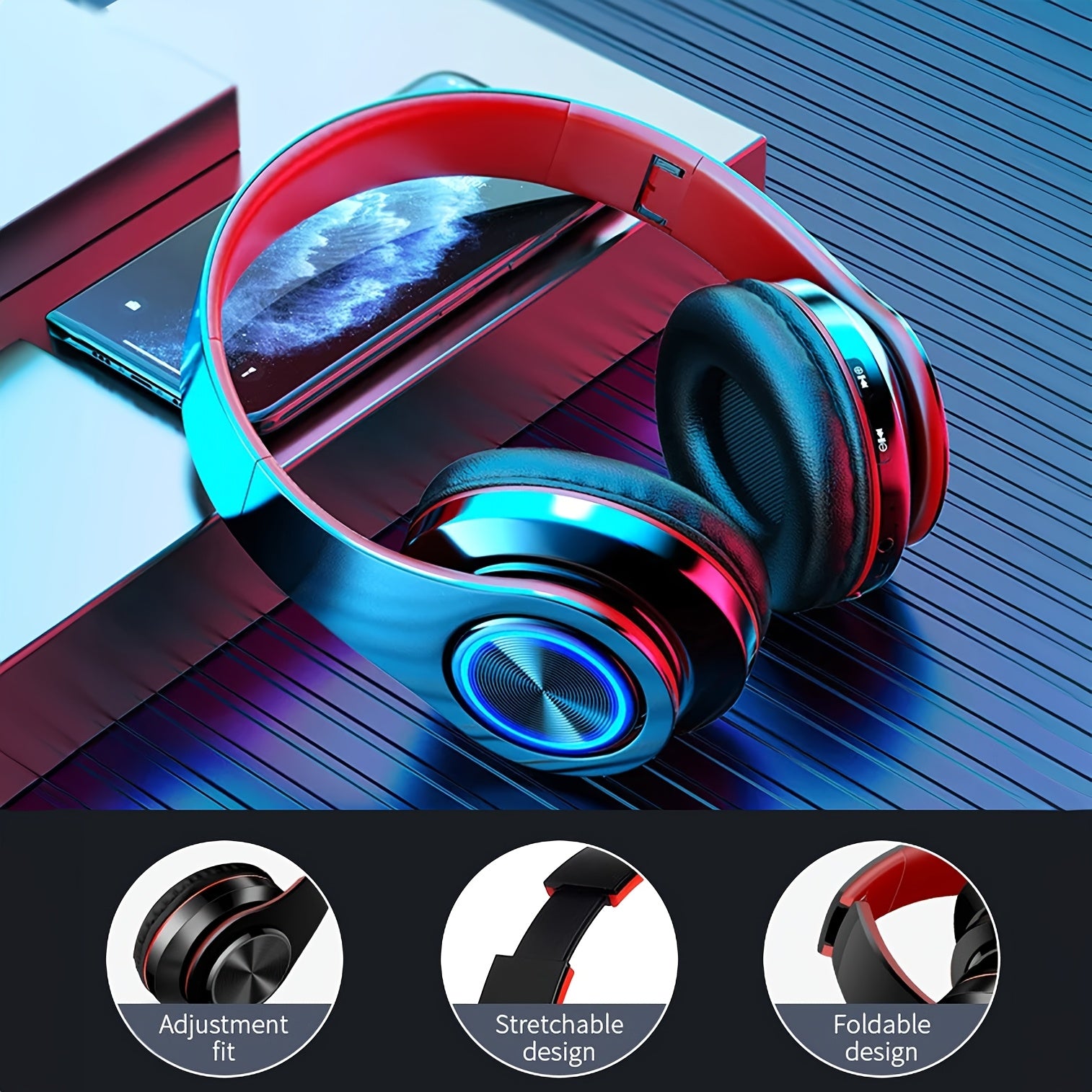 1pc Over-Ear Wireless Headphones, Foldable Gaming Headset with Microphone, Active Noise Cancellation, Foldable Design for Comfortable Wear, Longer Standby Time, Seven Colors Gradient Light Effect, Compatible with Computers/Mo