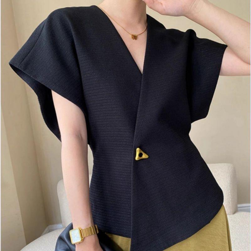 French Style Structured V-Neck Vest Blouse