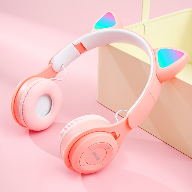 Cat's Ears (Steamed Cat-ear Shaped Bread) Headset Gradient LED Light Cat's Ear Retractable Cute Gift Wireless Headset. Valentines'Gift, Gift for Him.