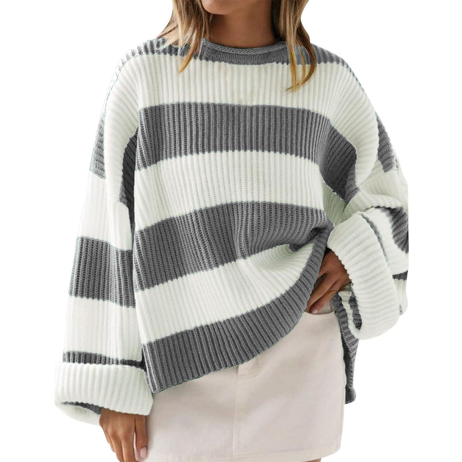 Oversized Batwing Sleeve Striped Knit Sweater