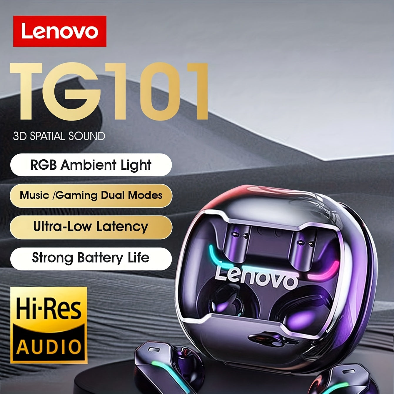 Lenovo TG101 True Wireless Earbuds, Designed for Gamers, Minimal Delay, RGB Lighting, Extended Battery Duration, High-Fidelity Audio, New Model for 2025