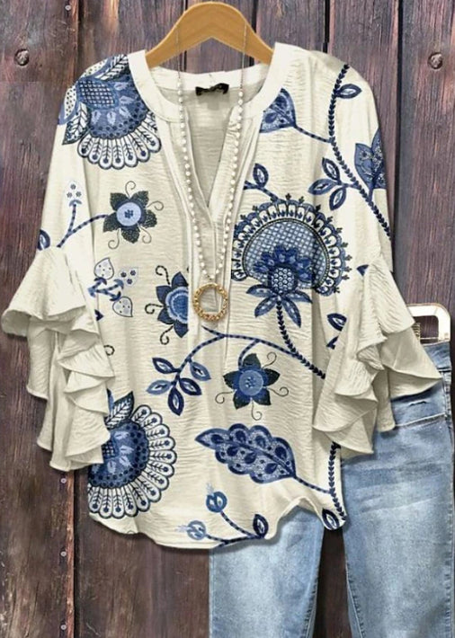 Women's Beige Floral Print Ruffle Sleeve Tops