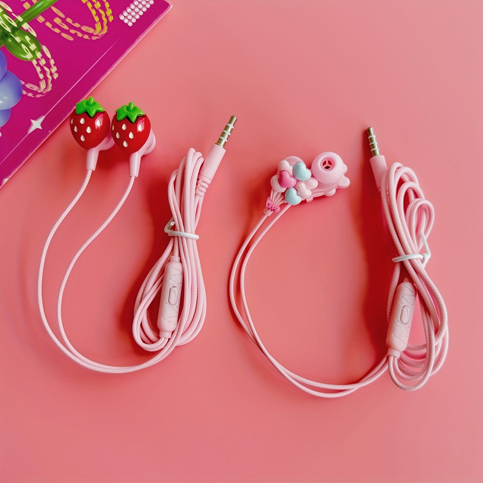 DIY cute strawberry shape pink wired headset,3.5mm socket compatible with all 3.5mm interface equipment,Built-in HD microphone,Stereo high-definition call mobile phone headset, durable round cable,comfortable earplugs,Suitabl