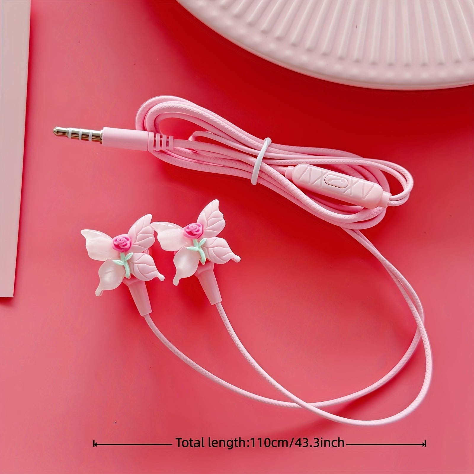 New pink wired headphones equipped with DIY cute butterfly flower accessories, in-ear fashion fun headset, button microphone high-definition sound quality noise-canceling headphones, plug and play without charging,comfortable