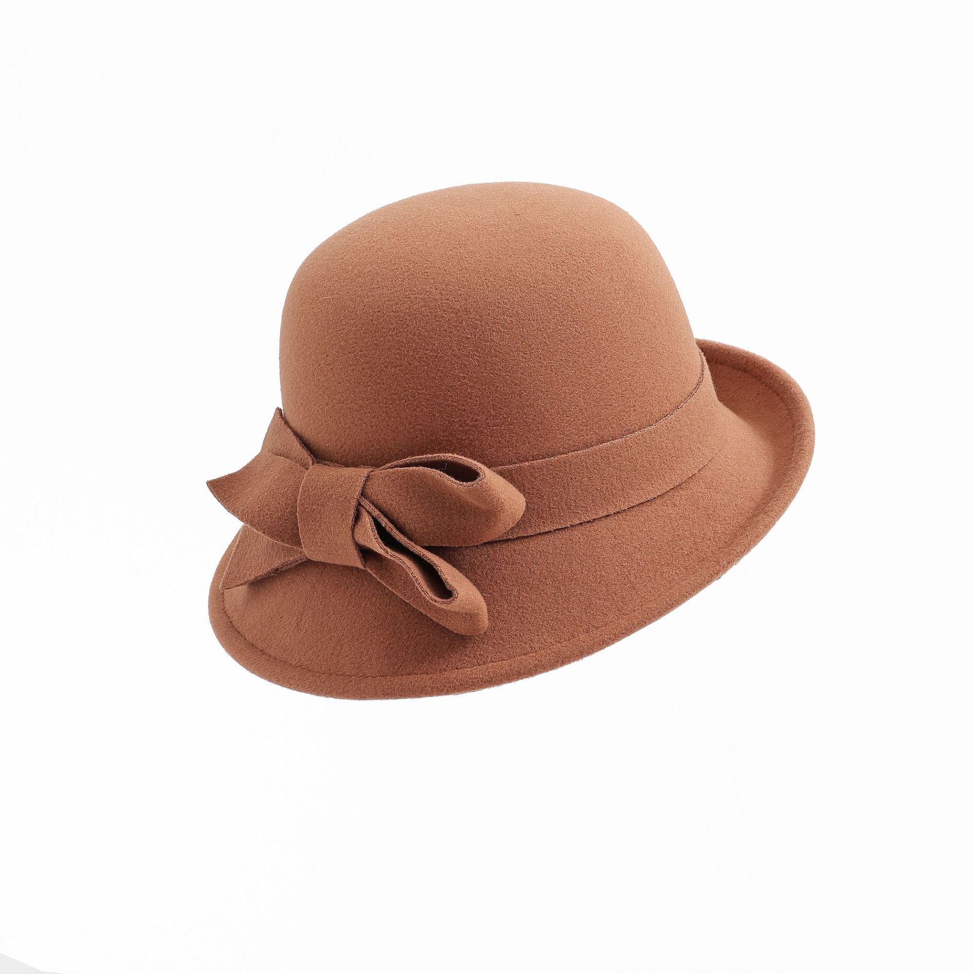 French-Style Elegant Retro Woolen Bowler Hat Curling Bow