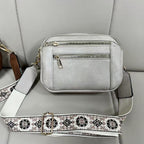 Triple-Zipper Colorblock Crossbody Bag with Floral Embroidered Strap
