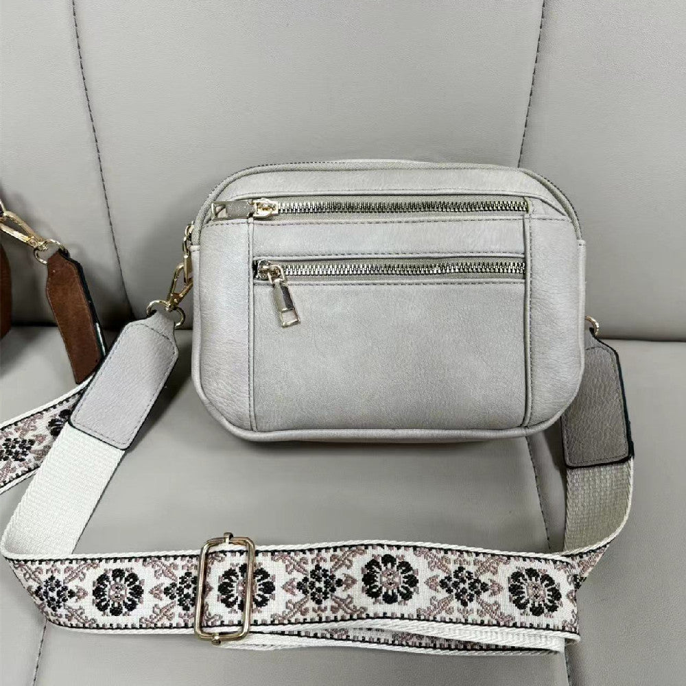 Triple-Zipper Colorblock Crossbody Bag with Floral Embroidered Strap