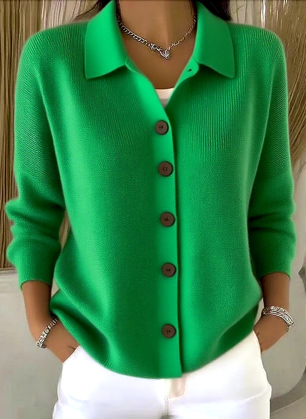 Button-Front Lapel Sweater Cardigan