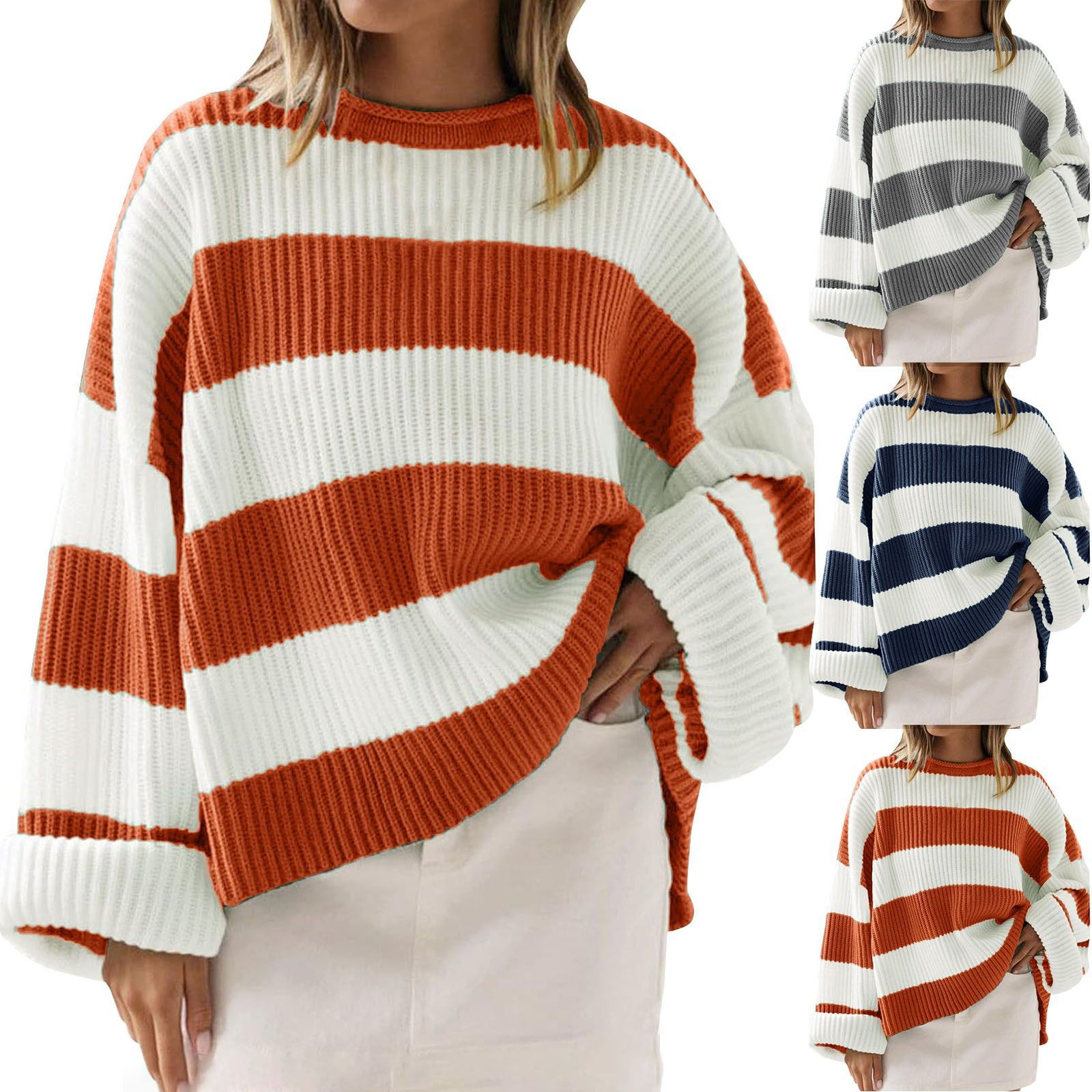 Oversized Batwing Sleeve Striped Knit Sweater