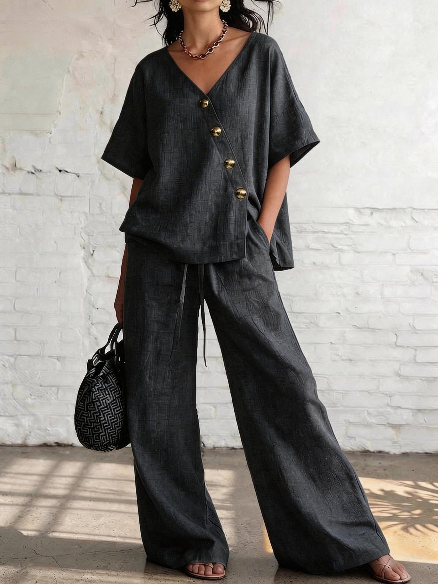 Cotton-Linen V-Neck Wide-Leg Set