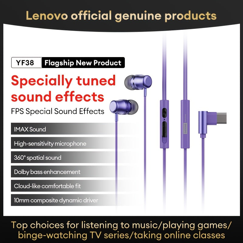 Lenovo YF38 Type-c Headphones Earphones Headset Multi-Scenario Users and Sound Quality Seekers Daily Device Connection and Casual Gaming Moments Professional Game-Tuned High-Resolution Audio Effects Compact In-Ear Build Stron