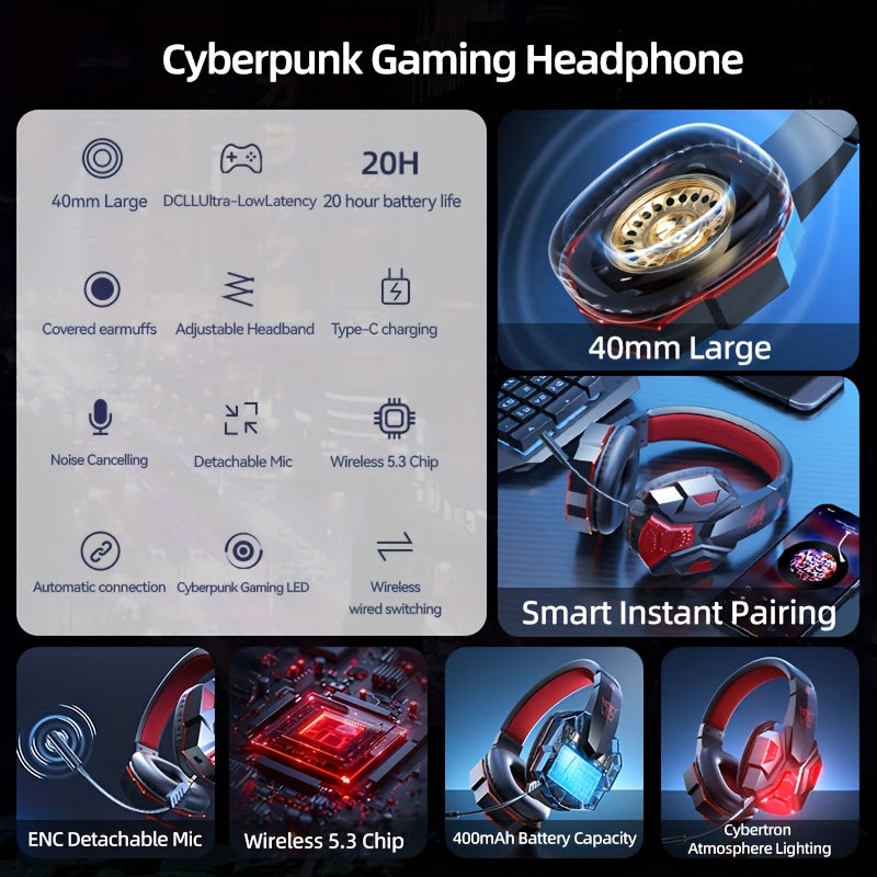 High-Quality Glowing Gaming Headset with Wireless Capabilities, Suitable for Calls, Adjustable, And Allows Seamless Switching Between Wired And Wireless Listening with Physical Noise Cancellation