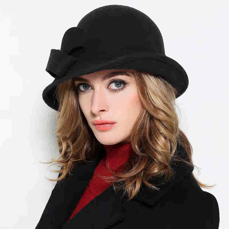 French-Style Elegant Retro Woolen Bowler Hat Curling Bow