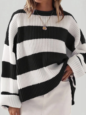 Oversized Batwing Sleeve Striped Knit Sweater